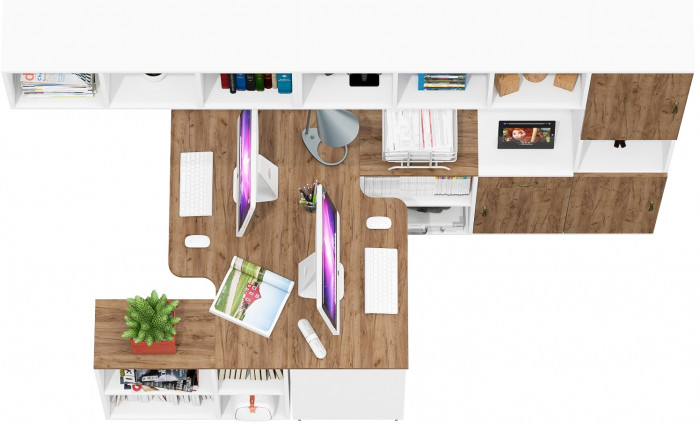 Лидер-8 Стол + Полка + Стол + Полка + Пенал + Тумба МД 3.15, белый шагрень/крафт золото