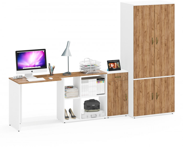 Лидер-8 Стол + Тумба МД 3.15 + Шкаф МД 19Б, белый шагрень/крафт золото