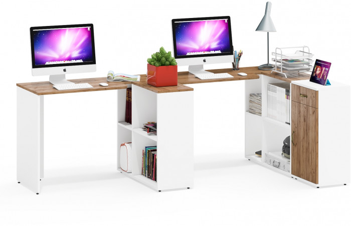 Лидер-8 Стол + Стол + Тумба МД 3.15, цвет белый шагрень/крафт золото, ШхГхВ 370х50/30х75 см. или 230х50/120х75 см., НЕ универсальная сборка