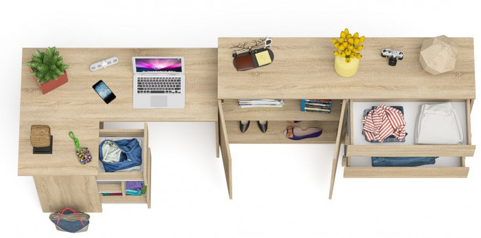 Мори Стол компьютерный МС-16 левый + Комод МК1600.1, цвет дуб сонома, ШхГхВ 284,8х84,9х94 см., выдвижные ящики слева, НЕ универсальная сборка