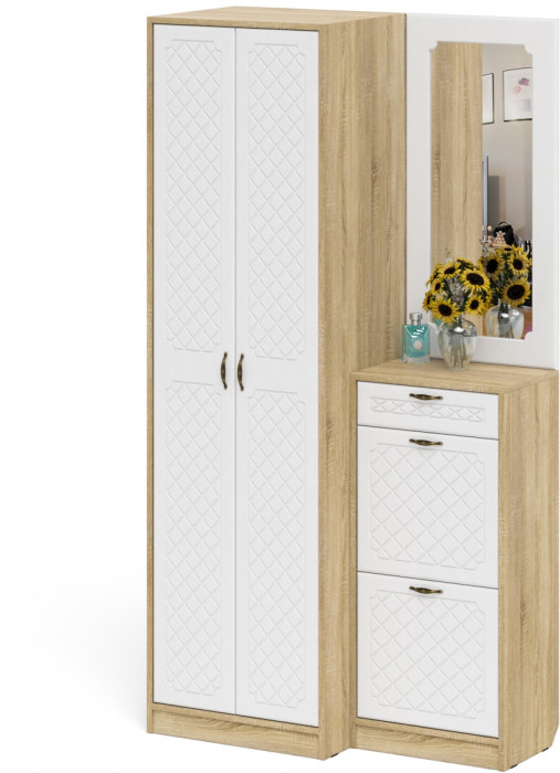 Прихожая П-6 Компоновка № 17, дуб сонома/фасады МДФ белое дерево фрезеровка ромб