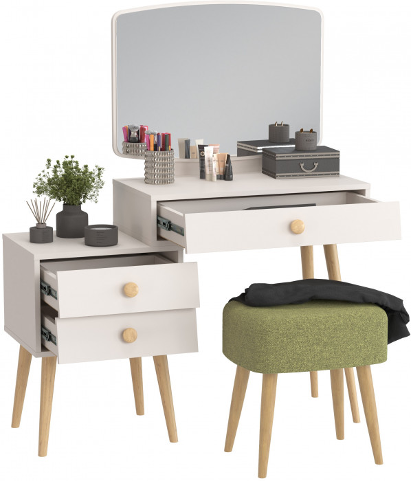 Афина Спальня 4-25901М1к.с. Трюмо + Банкетка 6-5135ТКШзел Полли, кашемир серый/ткань зелёная