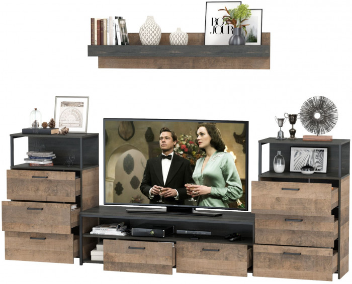 Трувор 13.70 Тумба под ТВ + 13.307.02 Комод + 13.307.02Комод + 15.60 Полка, дуб гранж песочный/интра