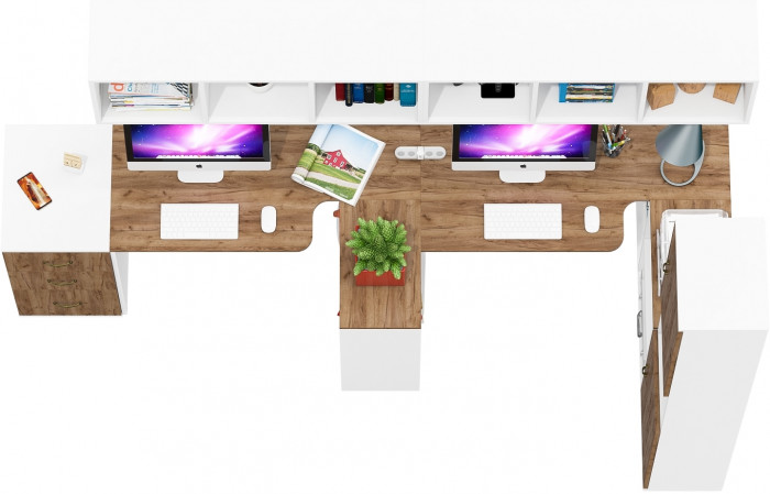 Лидер-8 Стол + Полка + Стол + Полка + Пенал + Тумба МД 3.16, белый шагрень/крафт золото