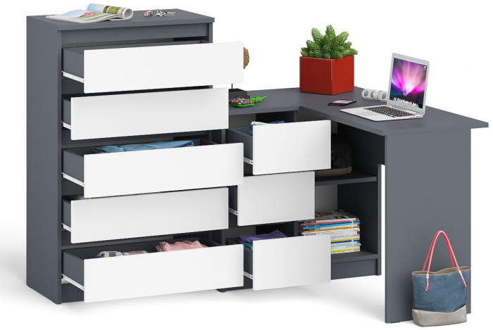 Мори компьютерный стол МС-16 левый + Комод МК700.5, графит/белый