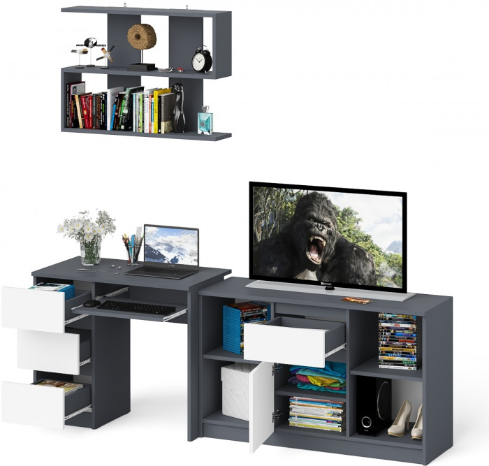 Мори компьютерный стол МС-6 левый + Тумба МТВ1204.1 + Полка 900, графит/белый