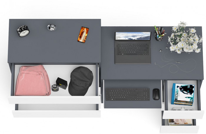 Мори компьютерный стол МС-6 правый + Комод МК800.4, графит/белый