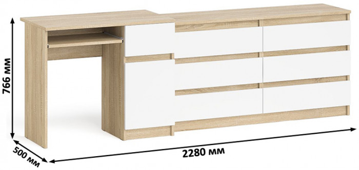 Мори Стол компьютерный МС-1 правый + Комод МК1380.6, цвет дуб сонома/белый, ШхГхВ 228х50х76,6 см., выдвижной ящик справа, НЕ универсальная сборка