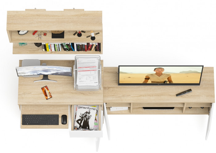 Мори Стол компьютерный МС-1 правый + Тумба МТВ1200.1 + Полка 900, цвет дуб сонома/белый, ШхГхВ 210,4х50х209,6 см., НЕ универсальная сборка