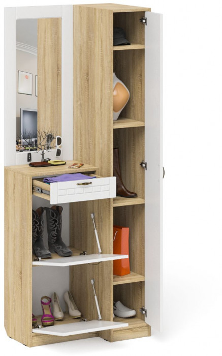 Прихожая П-6 Компоновка № 43, цвет дуб сонома/фасады МДФ белое дерево фрезеровка прованс, ШхГхВ 80х50х210 см., универсальная сборка