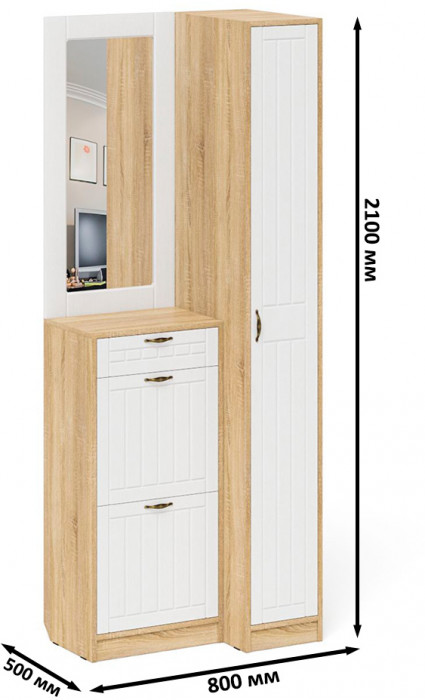 Прихожая П-6 Компоновка № 43, цвет дуб сонома/фасады МДФ белое дерево фрезеровка прованс, ШхГхВ 80х50х210 см., универсальная сборка