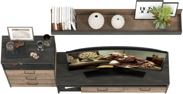 Трувор 13.70 Тумба под ТВ + 13.307.02 Комод с ящиками + 15.60 Полка, дуб гранж песочный/интра