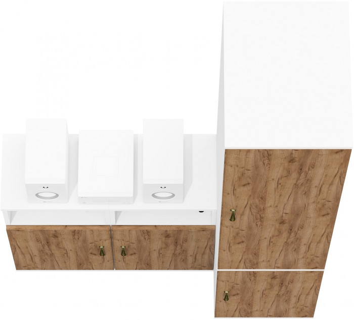 Лидер-8 Пенал МД 23Б + Тумба МД 3.19 + Тумба МД 3.19, цвет белый шагрень/крафт золото, ШхГхВ 120х50х190 см., универсальная сборка