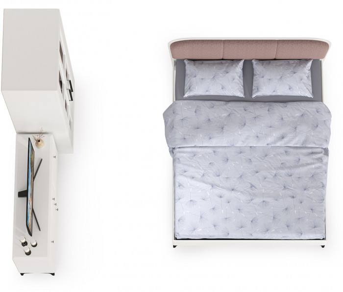 Валенсия Спальня № 18, цвет ЛДСП белый шагрень/МДФ белый шагрень/ткань велутто 19, ортопед есть, сп. м. 1600х2000 мм., б/м