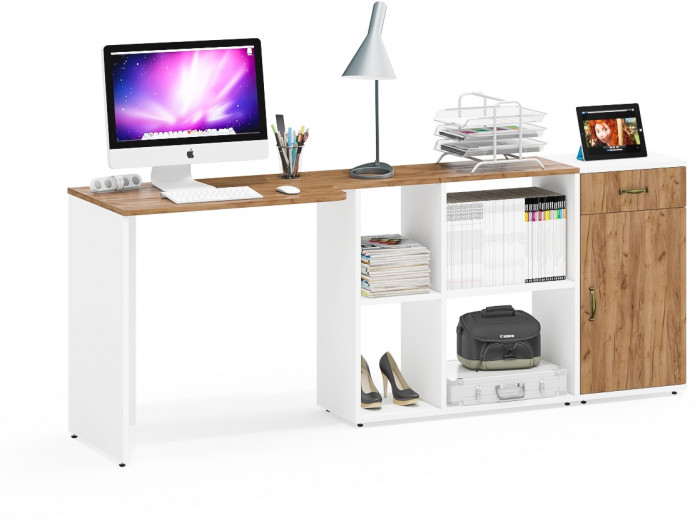 Лидер-8 Стол + Тумба МД 3.15, белый шагрень/крафт золото