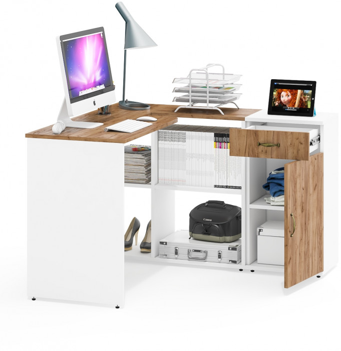 Лидер-8 Стол + Тумба МД 3.15, белый шагрень/крафт золото