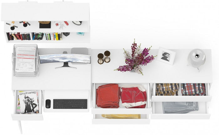 Мори Стол компьютерный МС-1 левый + Комод МК1380.6 + Полка 900, цвет белый, ШхГхВ 228х50х209,6 см., НЕ универсальная сборка