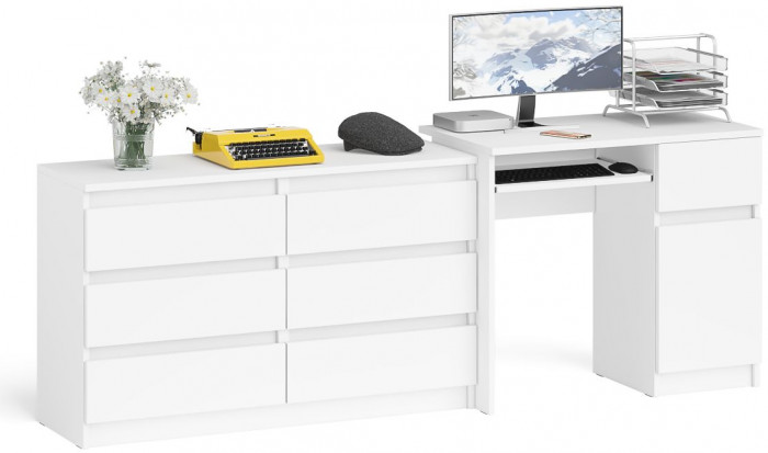 Мори Стол компьютерный МС-1 правый + Комод МК1200.6, цвет белый, ШхГхВ 210,4х50х76,6 см., выдвижной ящик справа, НЕ универсальная сборка