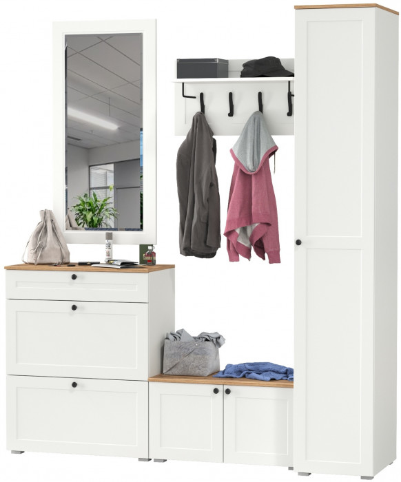 Остин Прихожая 45, цвет белый шагрень/дуб крафт золотой, ШхГхВ 200х54,3х229,6 см., универсальная сборка