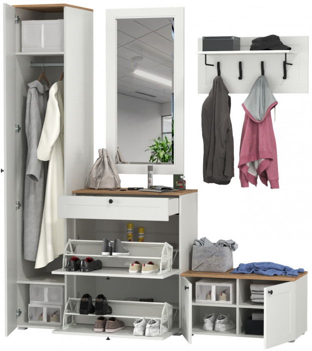 Остин Прихожая 45, цвет белый шагрень/дуб крафт золотой, ШхГхВ 200х54,3х229,6 см., универсальная сборка