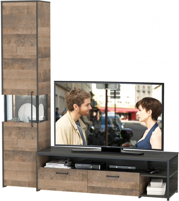Трувор 13.70 Тумба под ТВ + 13.205 Шкаф-пенал с витриной, дуб гранж песочный/интра