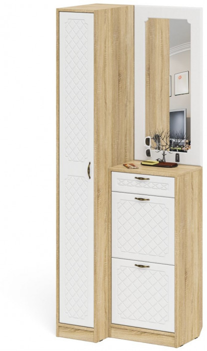 Прихожая П-6 Компоновка № 43, цвет дуб сонома/фасады МДФ белое дерево фрезеровка ромб, ШхГхВ 80х50х210 см., универсальная сборка