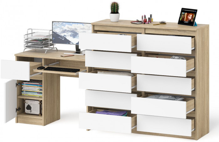 Мори компьютерный стол МС-1 левый + Комод МК1200.10, дуб сонома/белый