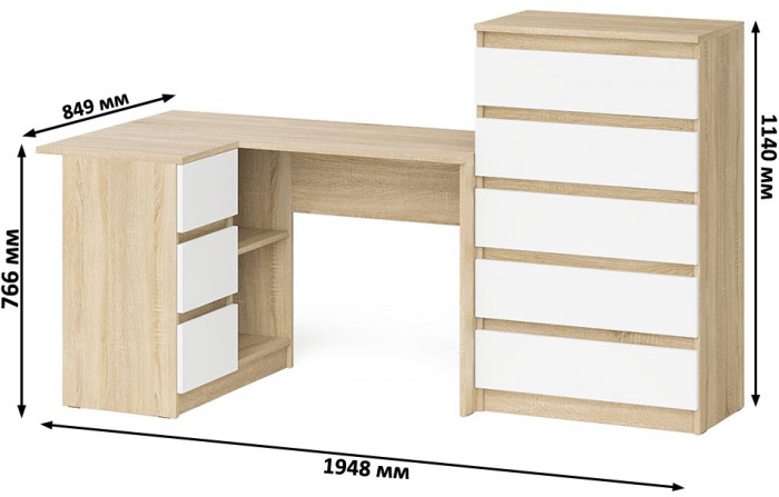Мори компьютерный стол МС-16 левый + Комод МК700.5, дуб сонома/белый