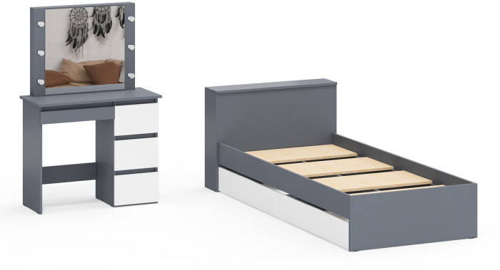 Ксения Кровать с ящиками 0900 + Стол косметический с подсветкой Сура, графит/белый