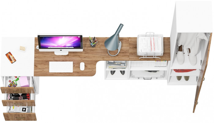 Лидер-8 Стол + Тумба МД 3.16 + Пенал МД 21Б, белый шагрень/крафт золото