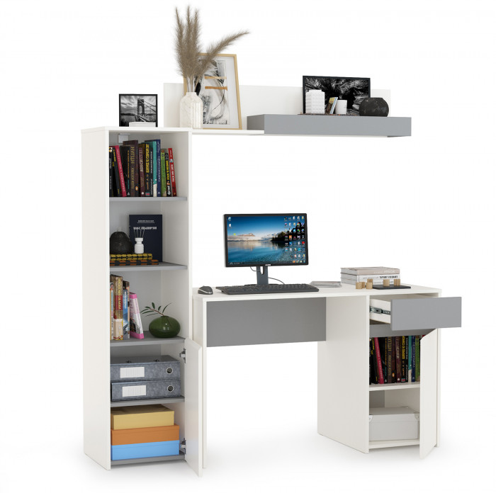Торонто 12.149 Стол + 13.13 Шкаф комбинированный + 16.475 Полка, цвет белый шагрень/стальной серый, ШхГхВ 160х53,1х174 см., универсальная сборка