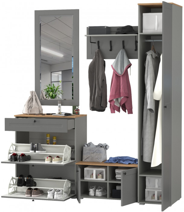 Остин Прихожая 45, цвет серый графит/дуб крафт золотой, ШхГхВ 200х54,3х229,6 см., универсальная сборка