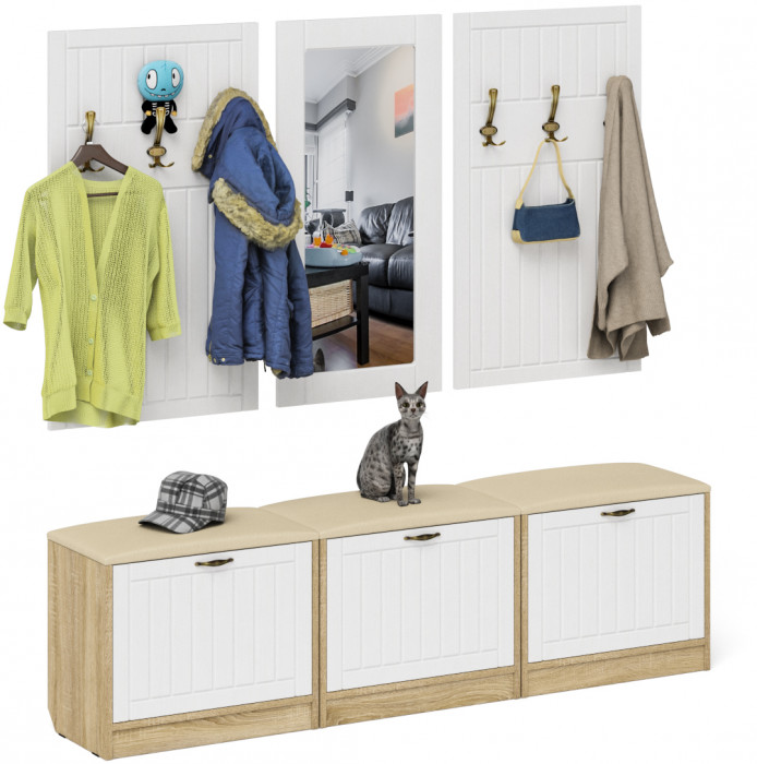 Прихожая П-6 Компоновка № 03, цвет дуб сонома/фасады МДФ белое дерево фрезеровка прованс, ШхГхВ 180х35х200 см., универсальная сборка