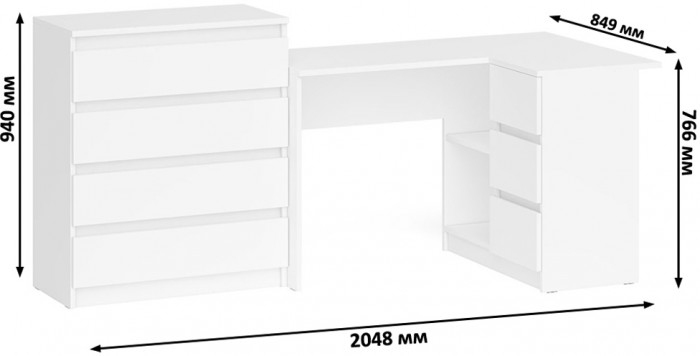 Мори компьютерный стол МС-16 правый + Комод МК800.4, белый