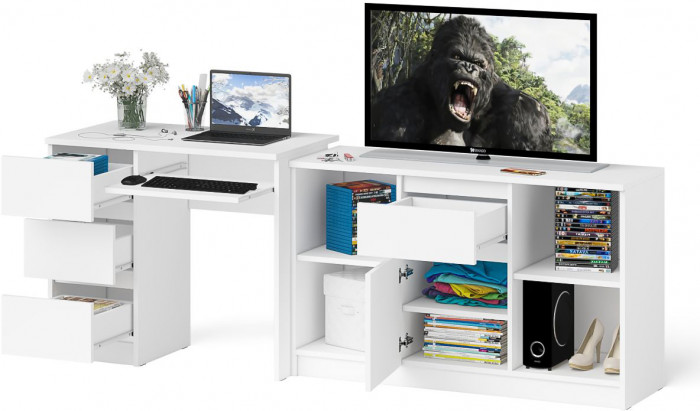 Мори компьютерный стол МС-6 левый + Тумба МТВ1204.1, белый