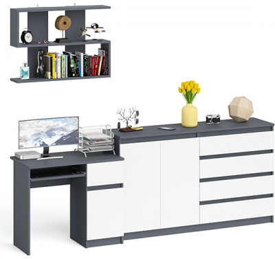 Мори Стол компьютерный МС-1 правый + Комод МК1600.1 + Полка 900, цвет графит/белый, ШхГхВ 250,4х50х209,6 см., НЕ универсальная сборка