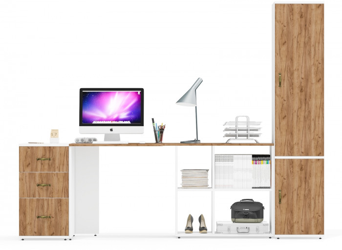 Лидер-8 Стол + Тумба МД 3.16 + Пенал МД 22Б, белый шагрень/крафт золото