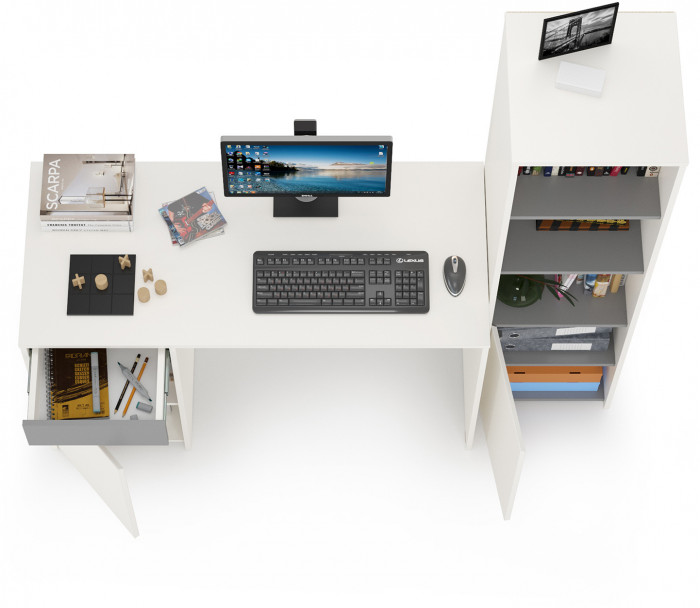 Торонто 12.149 Стол + 13.13 Шкаф комбинированный, цвет белый шагрень/стальной серый, ШхГхВ 160х53,1х149,7 см., универсальная сборка