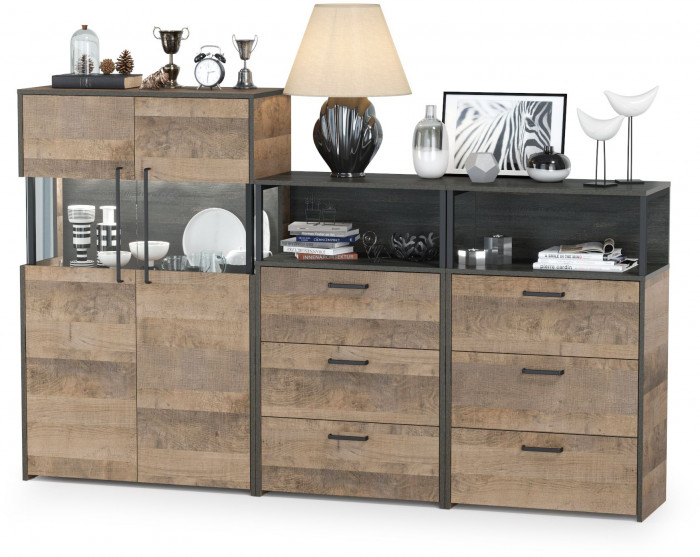 Трувор 13.306 Комод с витриной + 13.307.02 Комод с ящиками + 13.307.02 Комод с ящ., цвет дуб гранж песочный/интра, ШхГхВ 217,8х37х135,3 см., ун. сб.