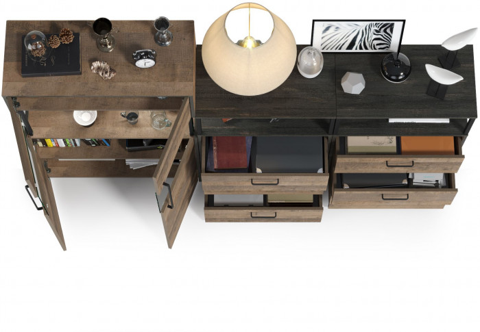 Трувор 13.306 Комод с витриной + 13.307.02 Комод с ящиками + 13.307.02 Комод с ящ., цвет дуб гранж песочный/интра, ШхГхВ 217,8х37х135,3 см., ун. сб.