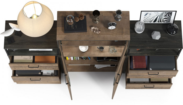 Трувор 13.306 Комод с витриной + 13.307.02 Комод с ящиками + 13.307.02 Комод с ящ., цвет дуб гранж песочный/интра, ШхГхВ 217,8х37х135,3 см., ун. сб.