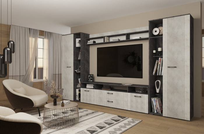 Модульная стенка для гостиной "Денвер" - Бетон спаркс/Перламутр жемчуг