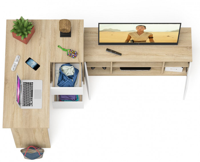 Мори компьютерный стол МС-16 правый + Тумба МТВ1200.1, дуб сонома/белый