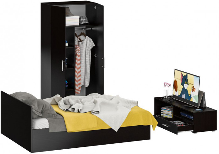 Спальня Стандарт 3-1400, венге/фасады ТВ тумбы МДФ чёрный глянец