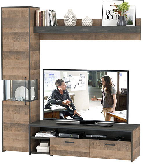 Трувор 13.70Тумба под ТВ +13.205 Шкаф-пенал с витриной +15.60 Полка, дуб гранж песочный/интра