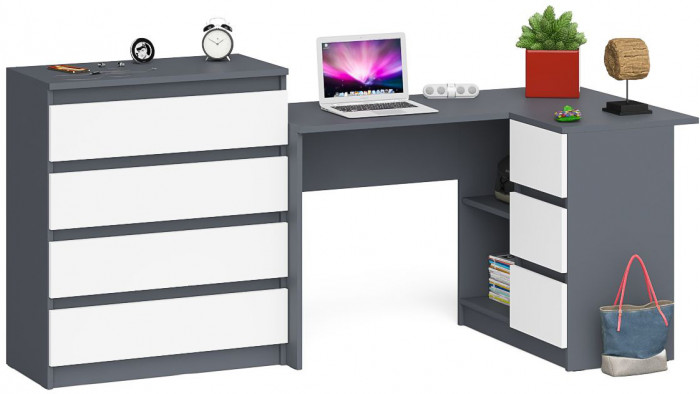 Мори компьютерный стол МС-16 правый + Комод МК800.4, графит/белый
