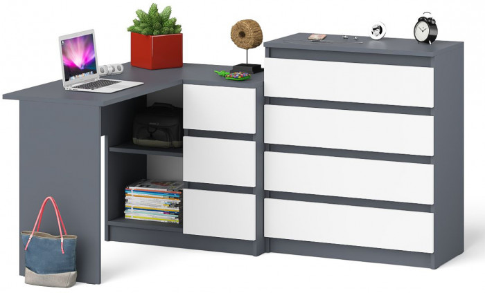 Мори компьютерный стол МС-16 правый + Комод МК800.4, графит/белый