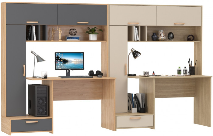 Два Стола письменных Лайт 03.243Н, цвет гикори рокфорд натуральный/тёмно-серый/плэйн/сатин, ШхГхВ 300,4х57,3х179,9 см., НЕ универсальная сборка