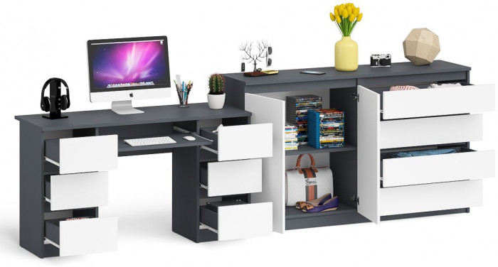 Мори компьютерный стол МС-2 + Комод МК1600.1, графит/белый