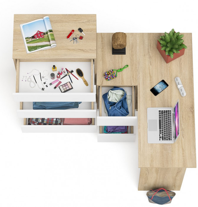 Мори Стол компьютерный МС-16 левый + Комод МК700.5, цвет дуб сонома/белый, ШхГхВ 194,8х84,9х114 см., выдвижные ящики слев, НЕ универсальная сборкаа